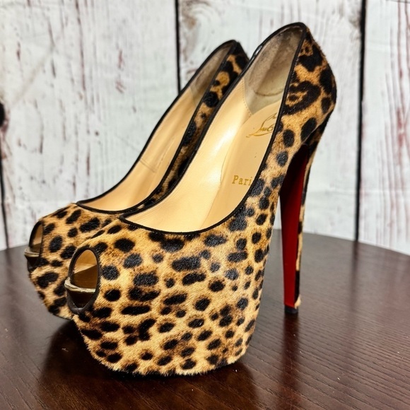 CHRISTIAN LOUBOUTIN Highness 160 PonyHair Leopard Print Peep Toe Platforms 38 EU - Picture 3 of 17